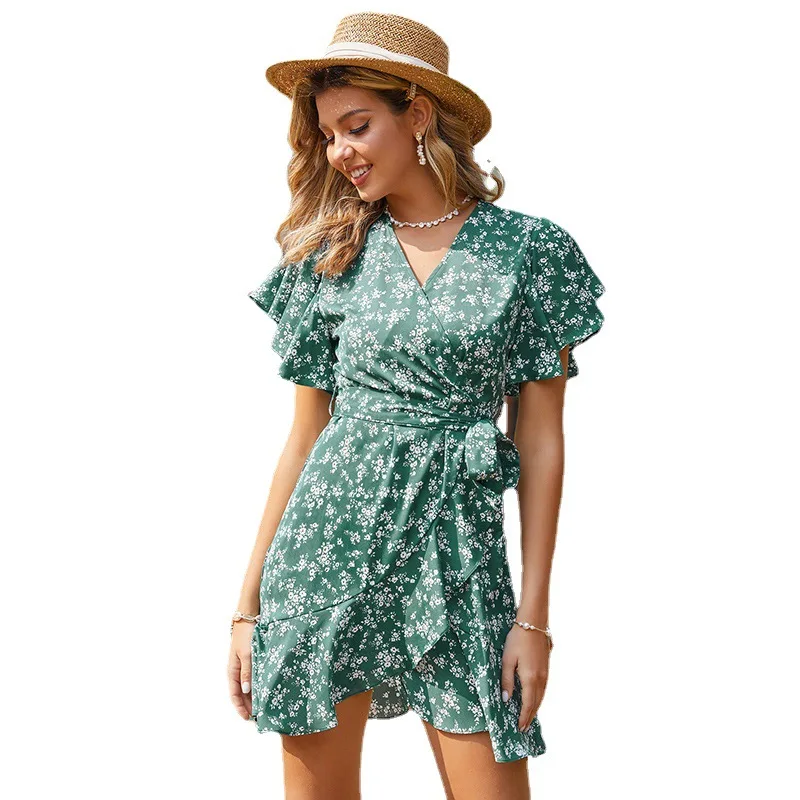 

NEW 2021 High Waist Drawstring Summer Chiffon Dress Sexy V Neck Floral Print Mini Beach Dress Flare Short Sleeve Ruffles Dresses