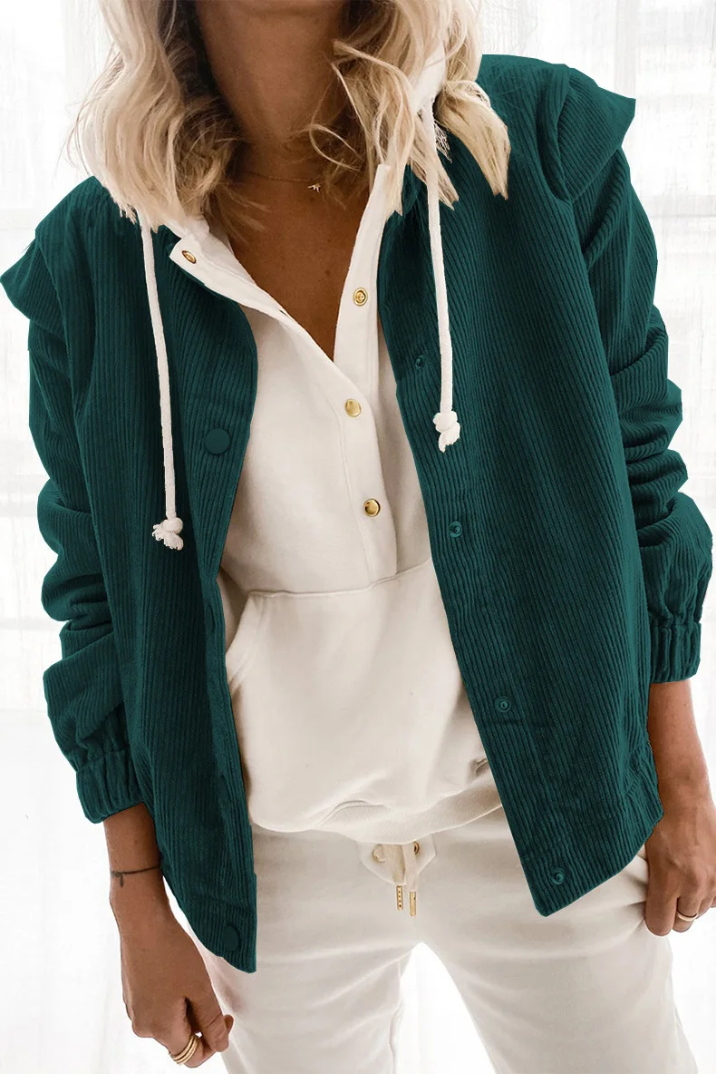 

2021 Autumn and Winter Simple New Pure Color Corduroy Cardigan Women's Fashion Loose Long-sleeved Lapel Women's Casual Jacket
