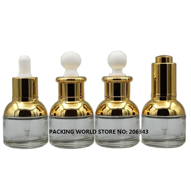 Прозрачная стеклянная бутылка-капельница 30 мл с золотым плечевым и воротником