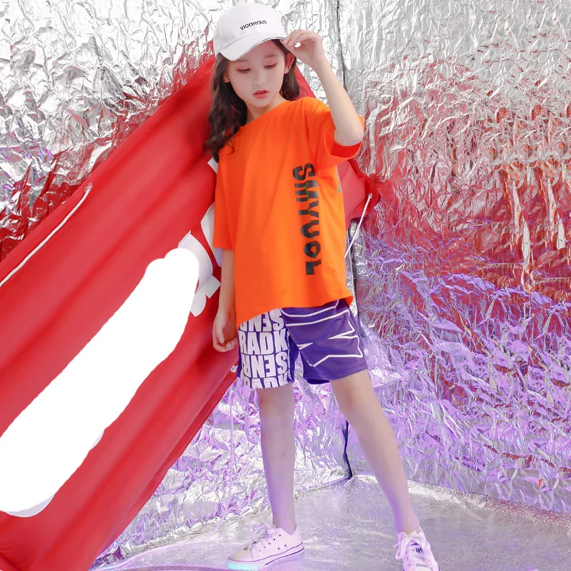 Kids loose Orange Tshirt Modern dance Clothing Hip Hop Jazz Dance wear Costumes Girls Ballroom Dancing Outfits Streetwear |