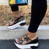 2020 new summer women wedge belt buckle high heel large size pvc outdoor green casual sandals candy colored travel slippers