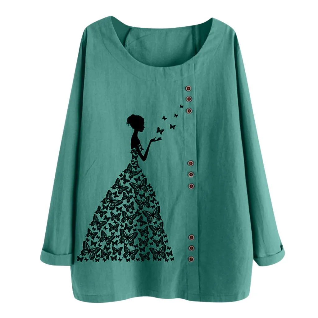 Женская блузка из хлопка и льна с цветочным принтом длинным рукавом круглым