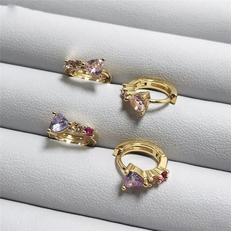 Женские серьги-кольца с фианитом розовые и синие серьги в форме сердца корейская