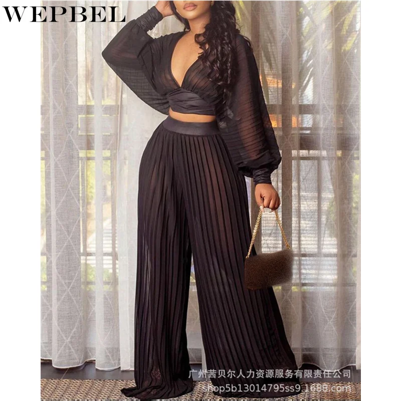 

WEPBEL Women's Autumn Outfits Pants Set Lady Elegant Long Lantern Sleeve V Neck Crop Top + Elastic Waist Wide Leg Loose Trousers