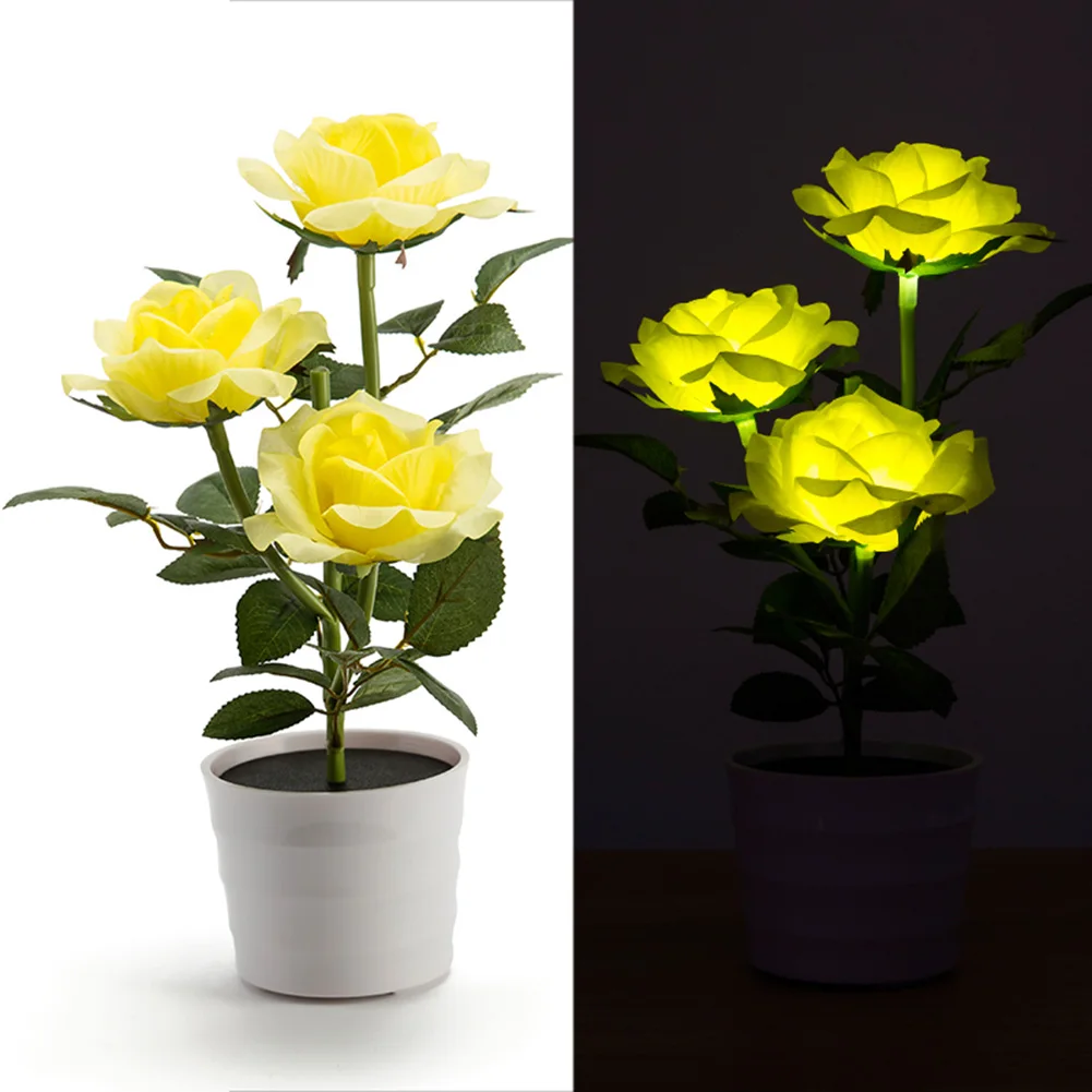 

Garden Flower Pot Lawn Balcony Solar Powered Home Bedroom Led Rose Decorative Table Lamp Bedside Artificial Plant