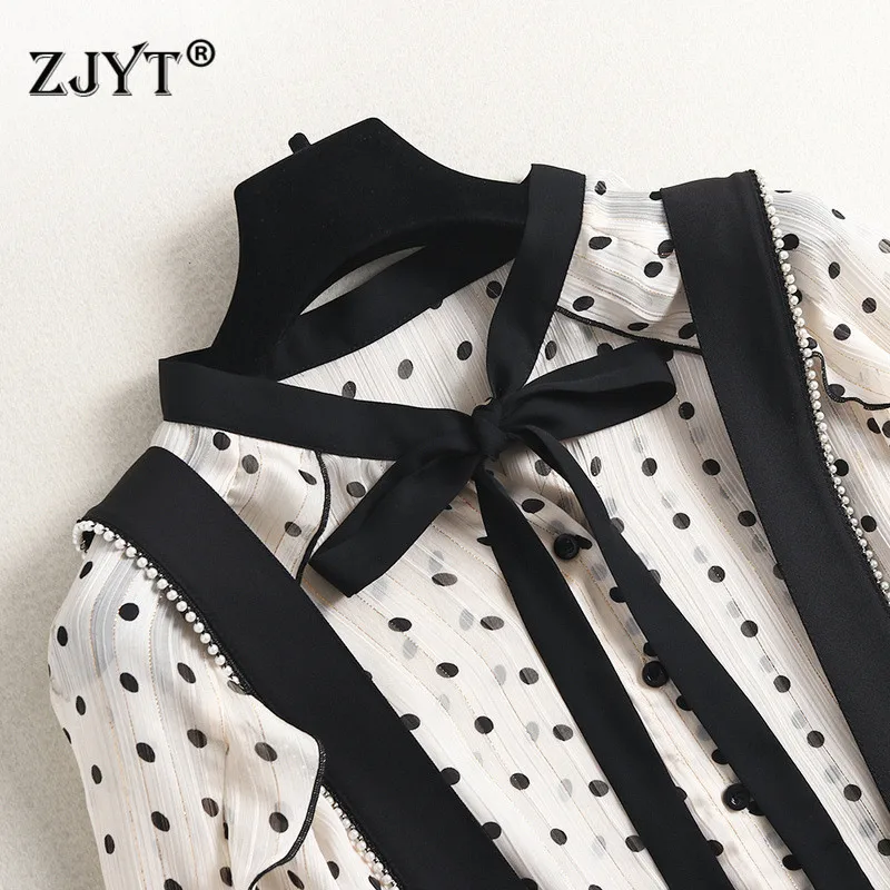 

High Quality Spring Designers Runway Women's Set Elegant Dot Chiffon Blouse and Overalls Pants Suit 2 Piece Office Party Outfits