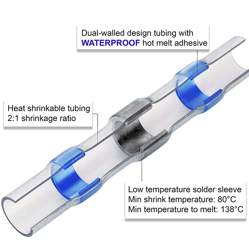 200PCS 26-24 AWG White Solder Seal Wire Connectors Heat Shrink Butt Waterproof and Insulated Terminal |