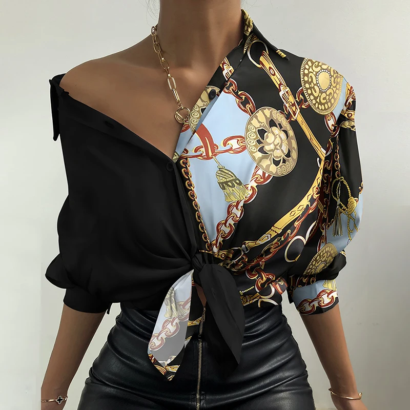 

2021 Women Fashion Newspaper Print Shirt Lady Long Sleeve Blouse Tied Button Design Casual Shirts