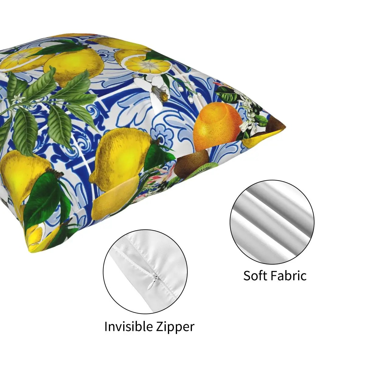

Mediterranean Lemon On Blue Ceramic Tiles Pillowcase Polyester Printed Zip Decorative Home Cushion Cover