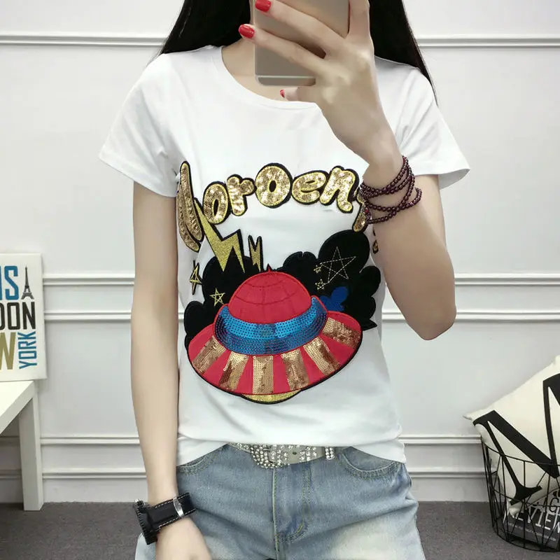 Весенне-летние черно-белые футболки с мультяшной вышивкой Женский Повседневный