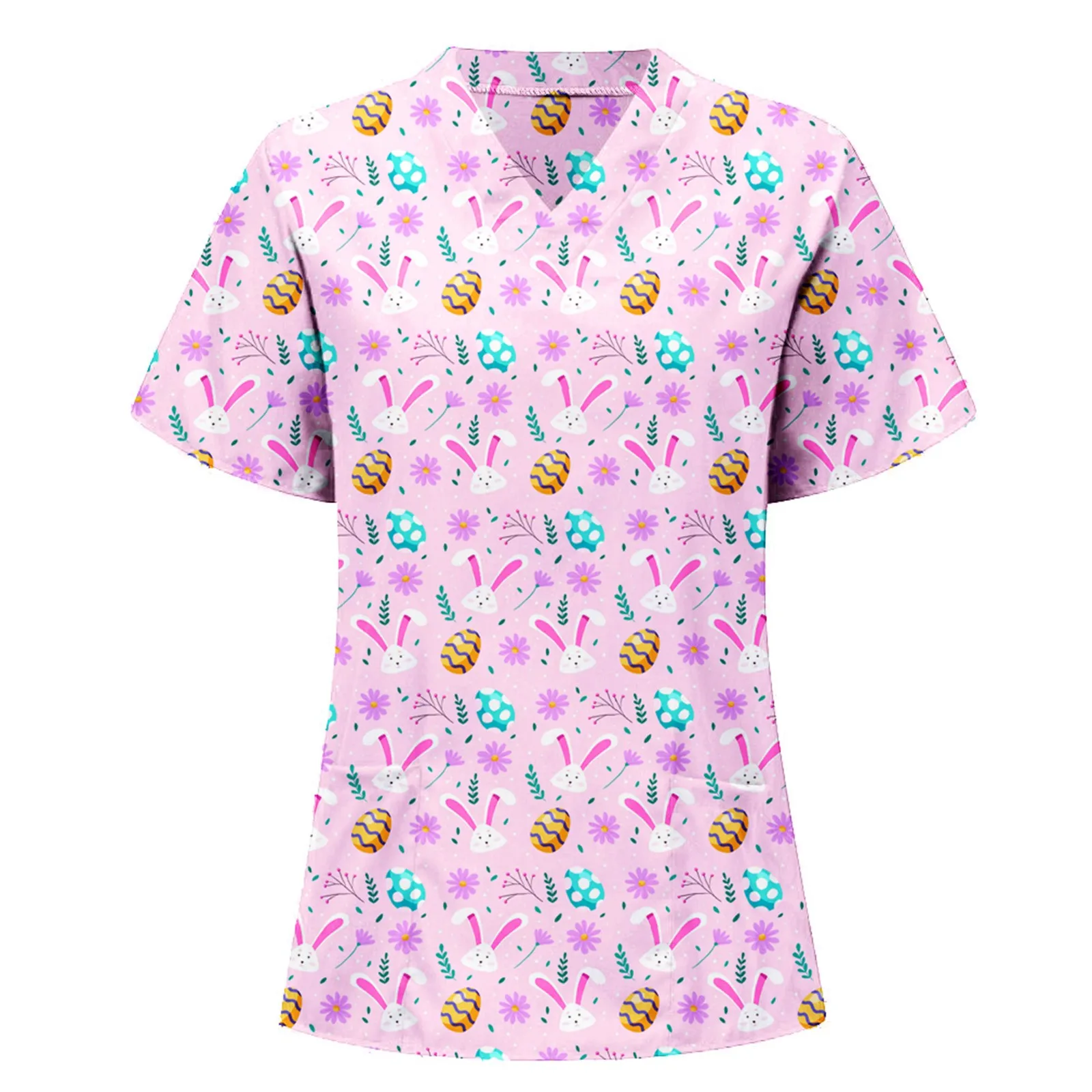 

Printed V-Neck Medical Scrub Top Women Rabbit Pattern Nursing Uniform Pet Club Clinic Tops Beauty Salon Stretchy Workwear A50
