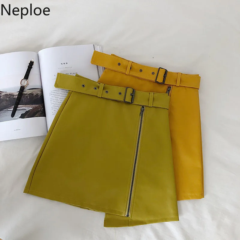 Neploe осень зима диагональная молния необычная кожаная юбка Модная высокая талия
