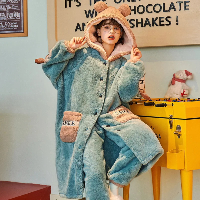 Autumn And Winter Female Ins Robe Pajamas Coral Fleece Thick Hooded Bathrobe Two-Piece Flannel Warm Home Service
