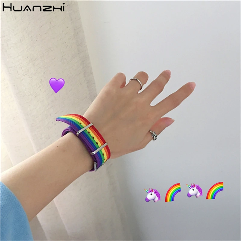 HUANZHI 2020 новый хит цветной Радужный яркий регулируемый тканевый плетеный браслет