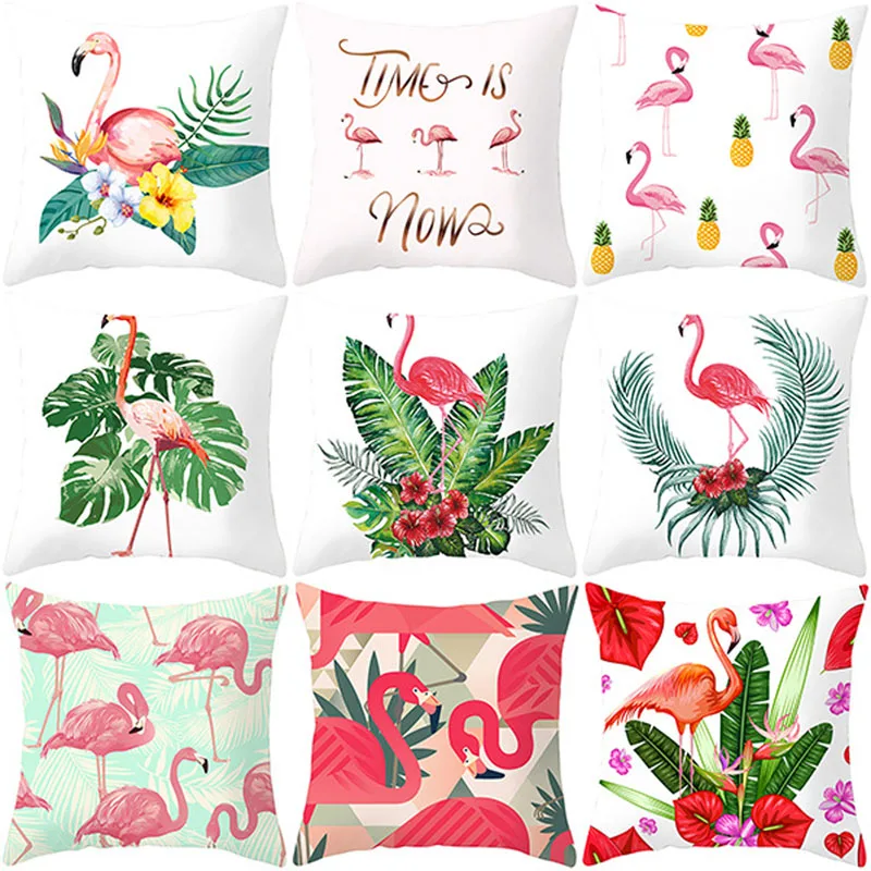 

Summer Tropical Plants Flamingo Cushion Cover Decorative Pillowcase Green Leaves Throw Pillow Case Flamingo Pillow Cushion Cover
