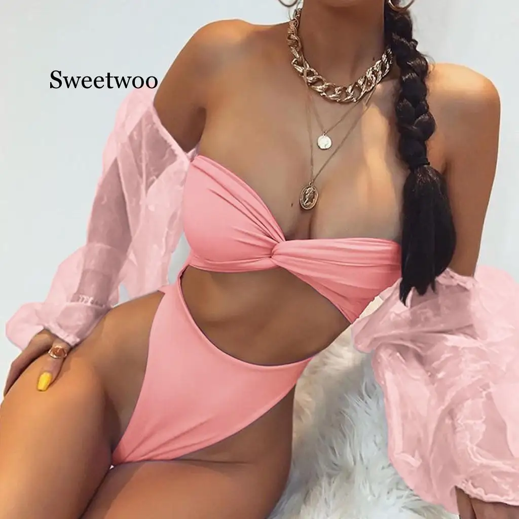 Женский сексуальный Одноцветный шифоновый Цельный купальник с длинным рукавом