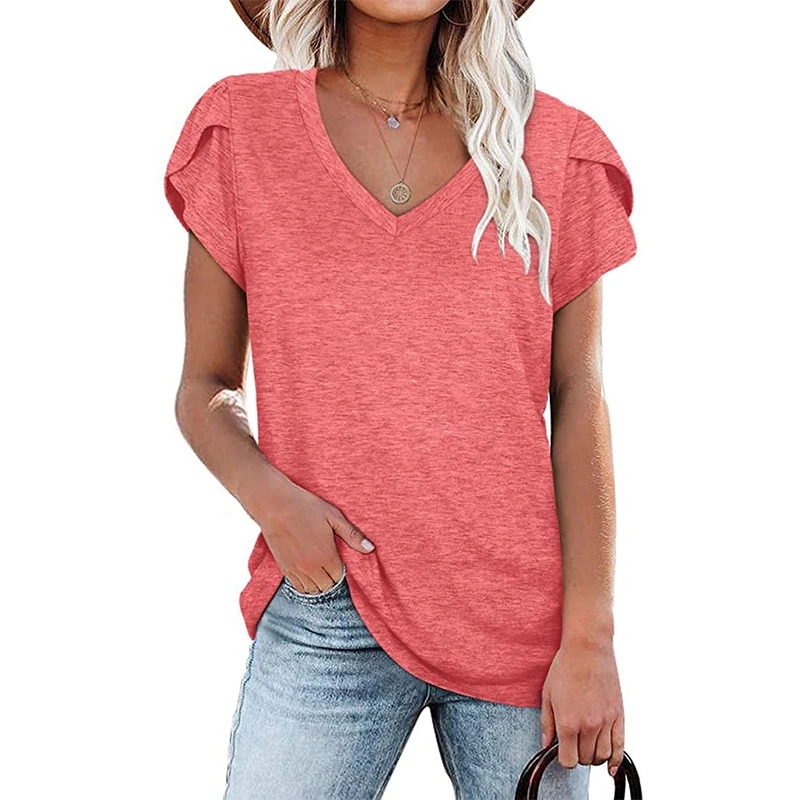 

Ladies T Shirt Solid Color V Neck Casual Loose Fashion Short Sleeve Top Summer Ladies Tee Shirt Women Regular T-Shirt