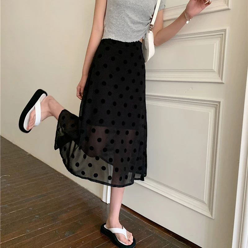 

Black Polka Dot Mesh Skirt WOMEN Large Size Transparent High Waist A-line Skirt Covering Crotch Was Thin Fairy Skirt Woman