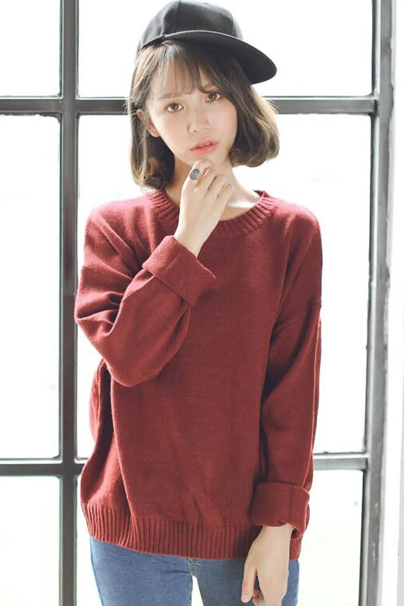 Осень 2019 простые однотонные свитера женские вязаные пуловеры в стиле преппи с