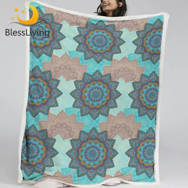 BlessLiving Mandala Plush Blanket Boho Flowers Sherpa Fleece Blanket Patchwork Custom Blanket Colorful Bedspread Koce 150x200cm 1