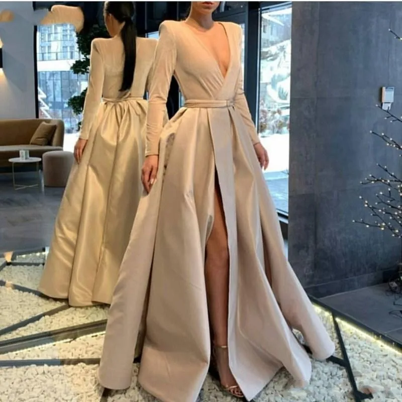 

Simple Long Sleeves Prom Dresses With Sash Deep V Neck Front Split Dubai African Evening Dress A Line vestido de festa