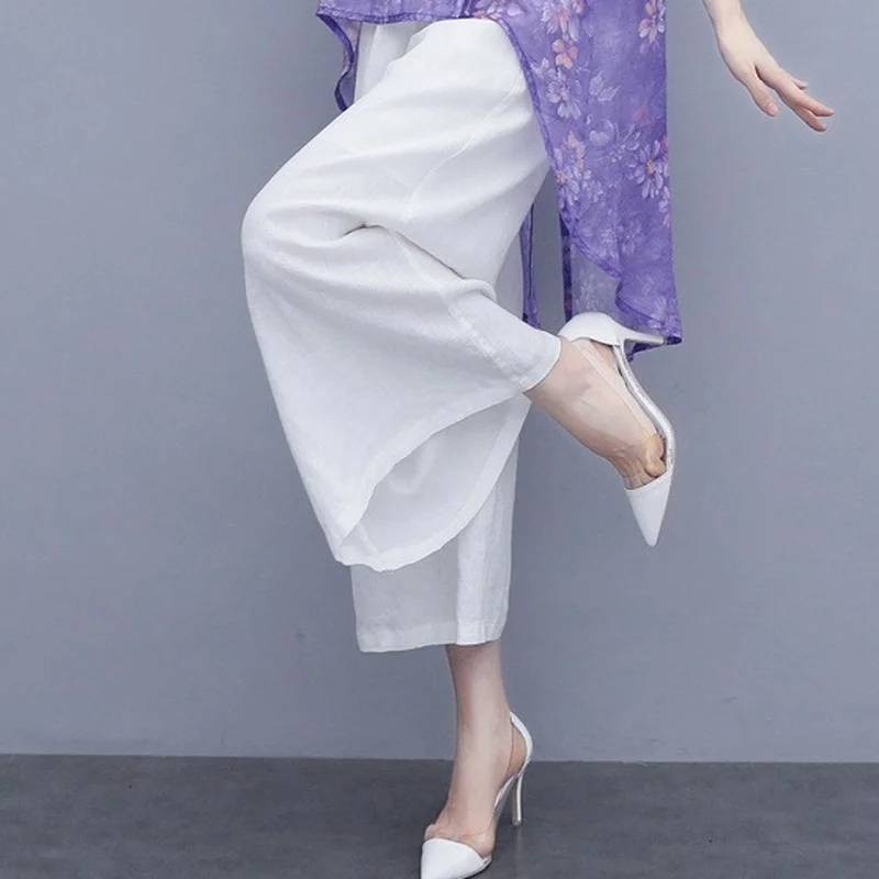 

2021 Summer Chinese Style Retro Floral Print Short Sleeve Top and White Wide Leg Pants Suits 2 Piece Sets Womens Outfits Y919