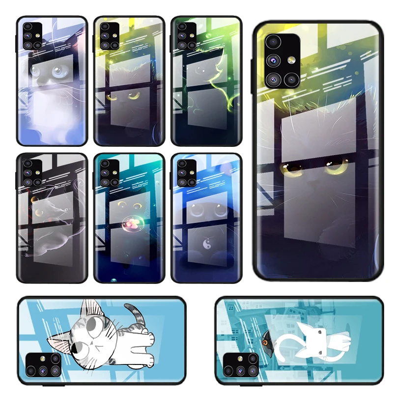 

Tempered Glass Cover Cute cat cartoon For Samsung Galaxy S21 Ultra Plus 5G M51 M31 M21 Shockproof Shell Phone Case