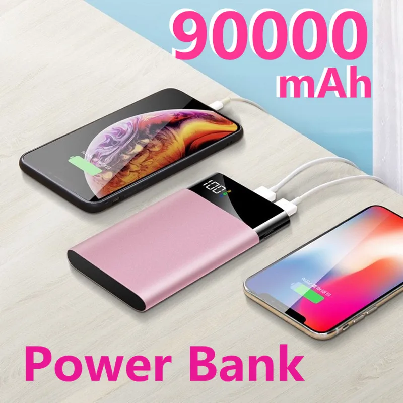 90000mAh Power Bank Portable Ultra-thin Phone Charger Digital Display 2 USB Outdoor Travel Powerbank for Xiaomi Samsung IPhone | Мобильные