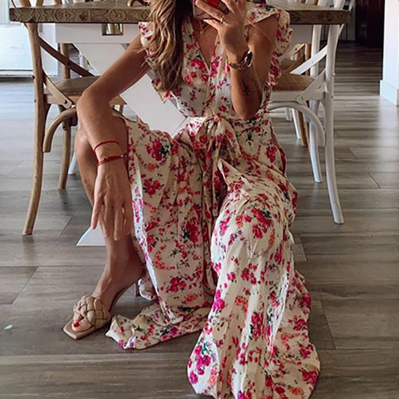 

Robe Women Floral Print Long Beach Dress Boho Spring V Neck Butterfly Sleeve Tunic Party Dress New Summer Ruffle Maxi Dress Belt