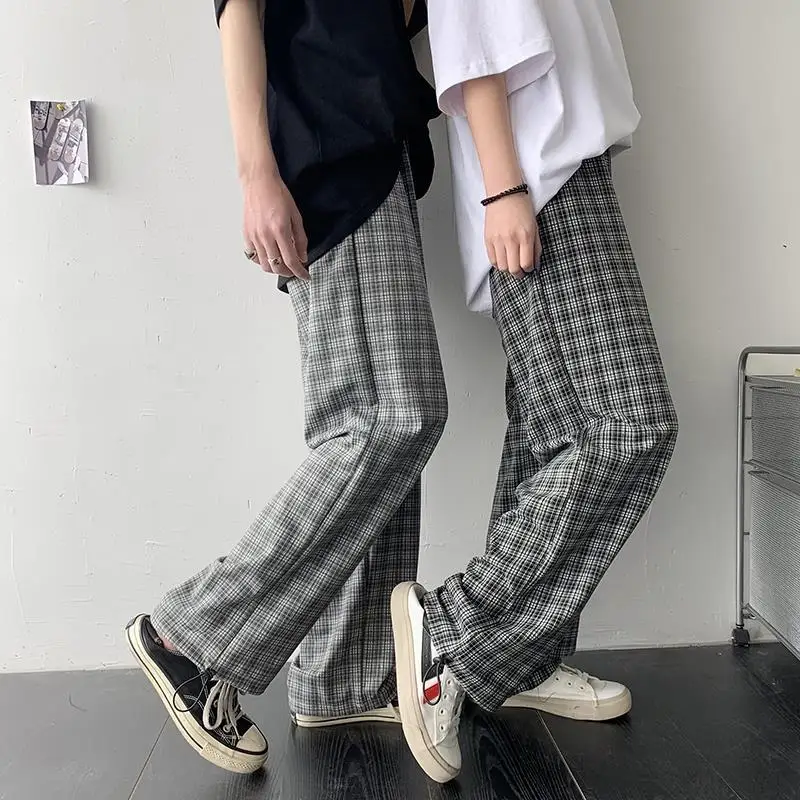 

Men's Casual Pants 2020 Spring and Summer New Straight Plaid Pants Vintage Ankle Length Wide Leg Pants Streetwear Trousers T08