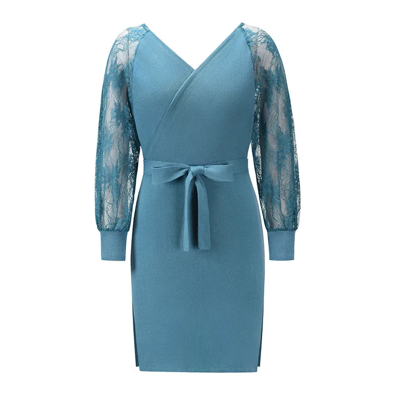 

Autumn Winter Lace Patchwork Knitted Dress Women Casual V Neck Full Sleeve Bandage Dress For Women 2021 New Fashion
