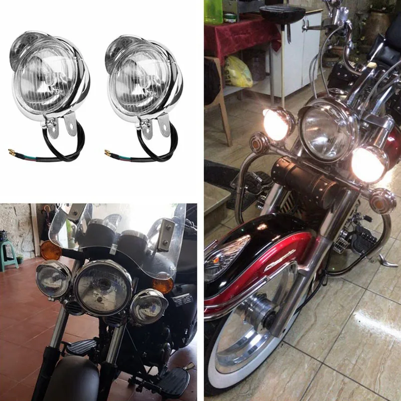 

Durable Headlight 2pcs Chrome Motorcycle Fog Lights Universal Headlight Lamp DC12V For Universal Motorcycles