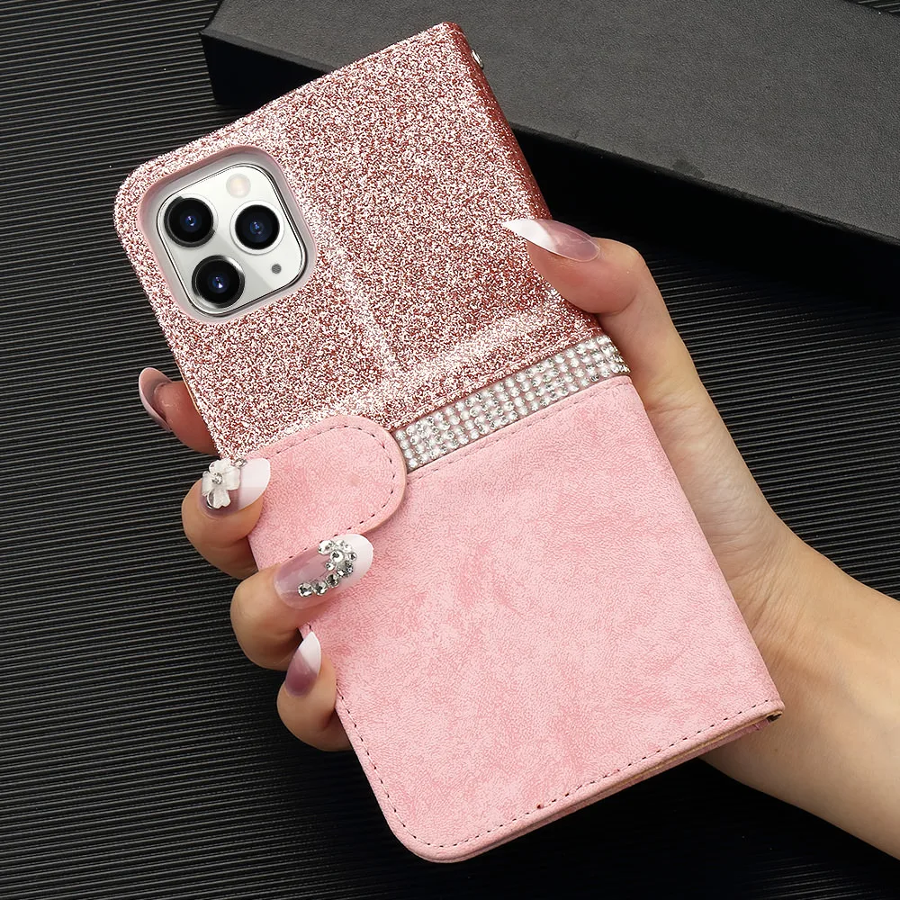 Алмазный блестящий кожаный чехол книжка для IPhone SE 2020 12 Mini 11 Pro Xs Max Xr X 7 Plus 8