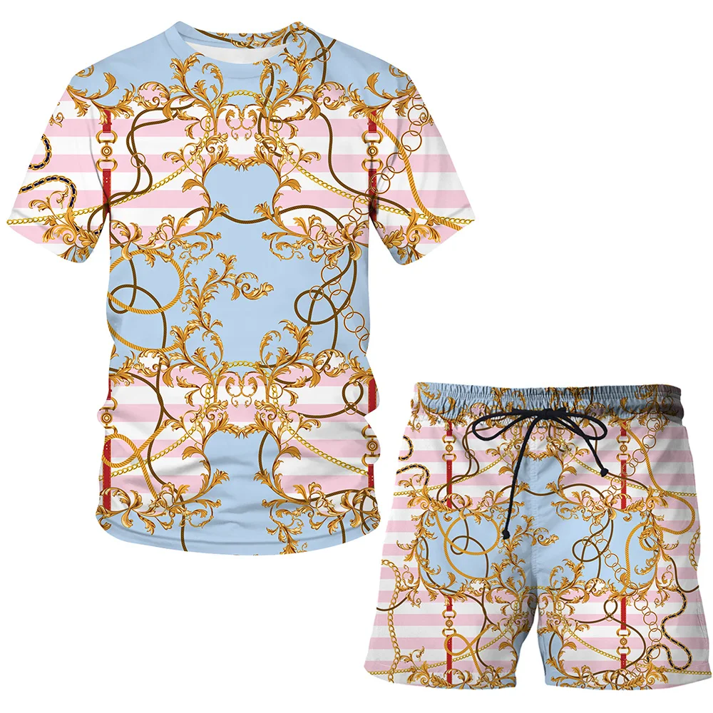 

Men's sportswear suit men's 3D Luxury short-sleeved printing casual slim athlete T-shirt shorts sports suit men's tshirt Tops