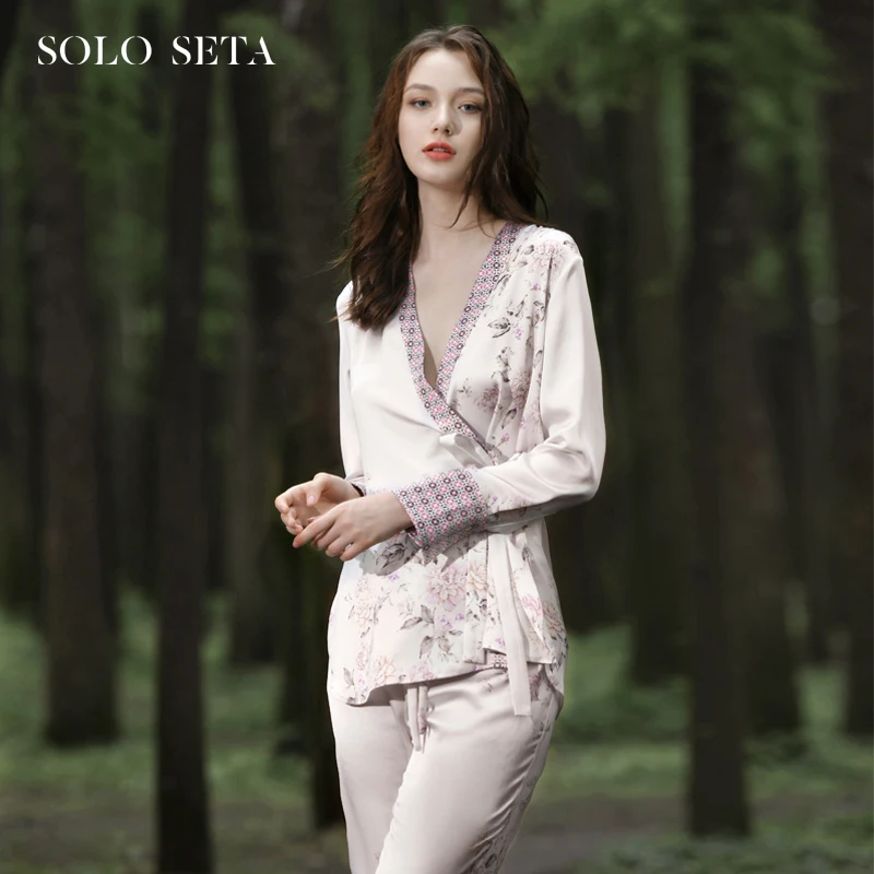 

★Soloseta heavy silk printed pure silk leisurewear suit, 22 meters long sleeve wear mulberry silk pajamas women outside
