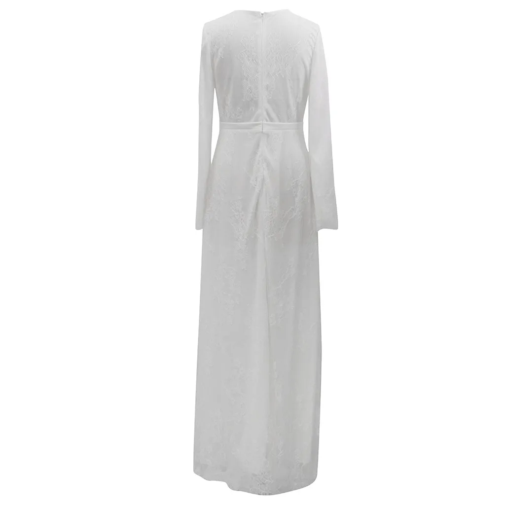 Однотонное кружевное платье с круглым вырезом и длинным рукавом модная женская