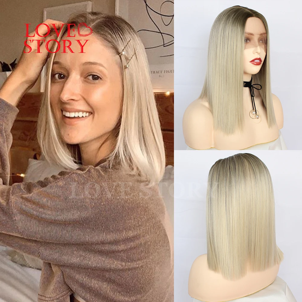 

Парик Lovestory с короткими волосами, синтетический парик на шнуровке спереди, блонд, Омбре, короткий Боб, термостойкие, без клея, синтетические парики на шнуровке