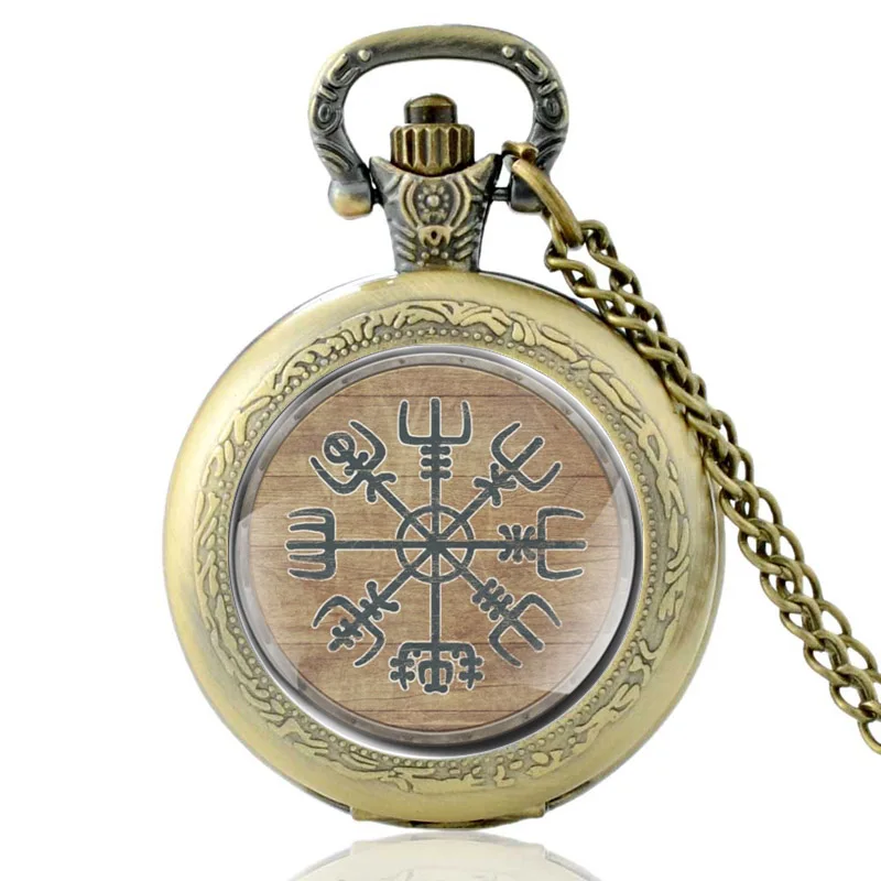 

Vintage Bronze Viking Symbol Quartz Glass Dome Pocket Watch Women Men Necklace Pendant Clock Chain Jewelry Gift