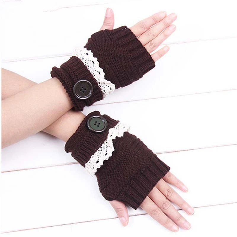 Перчатки VIIANLES без пальцев женские теплые кружевные варежки на пуговицах вязаные