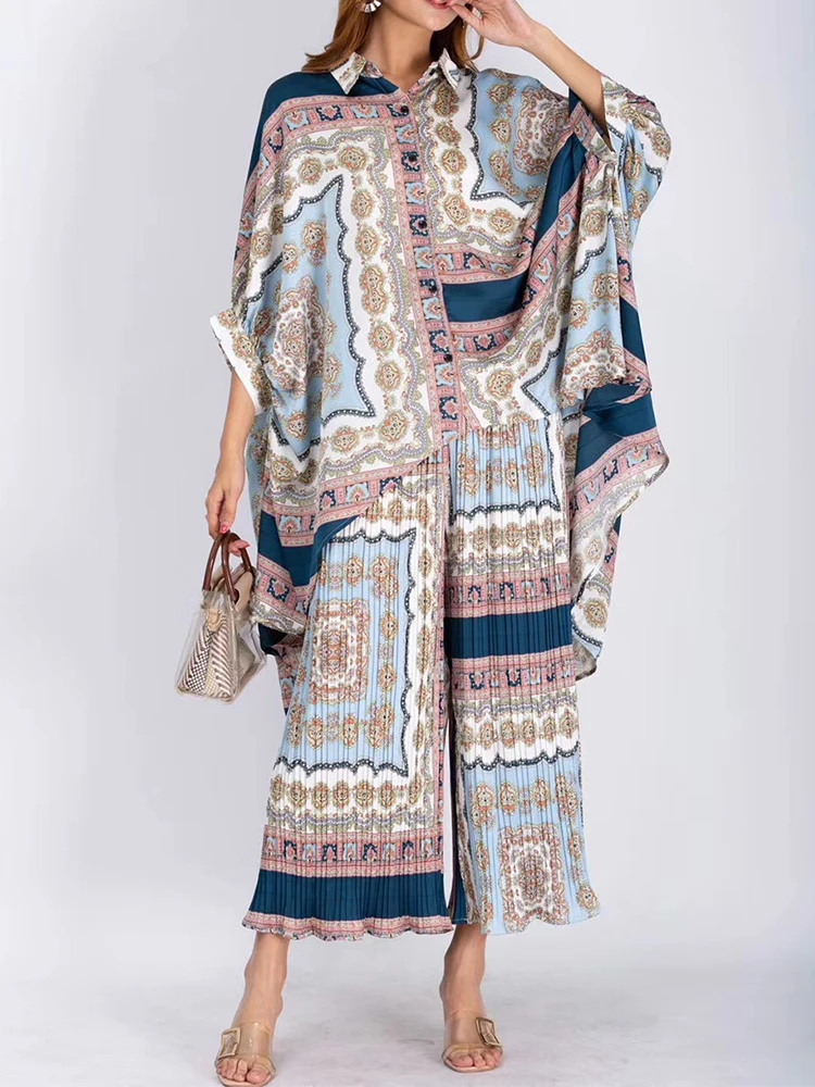 

Irregular Multicolor Printed Shirt Loose Two-Piece Set Ladies Autumn New Style + Pleated Elastic High Waist Wide Leg Pants Set
