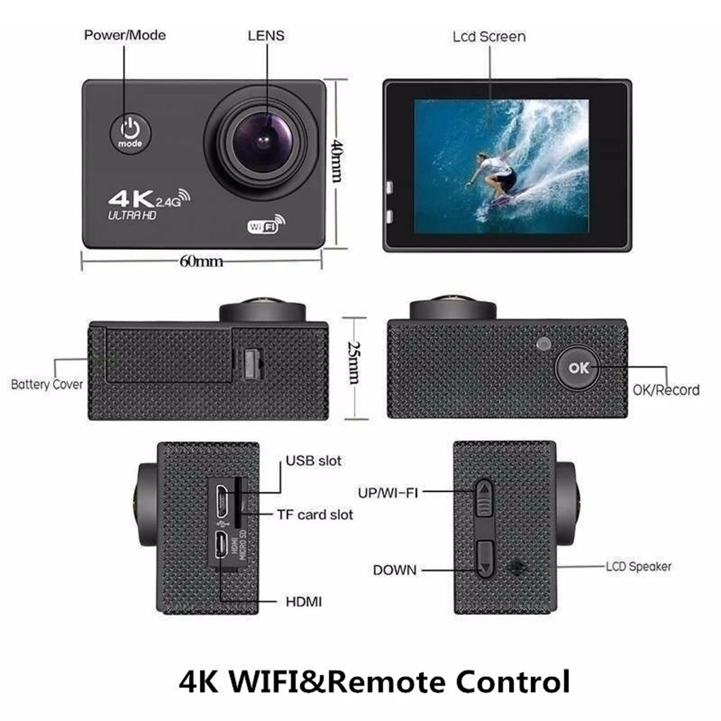 4K Наружная Спортивная экшн-камера 1080P wifi 30m водонепроницаемый 170 градусов широкоугольный объектив 12MP/5MP Экстремальные виды спорта DV Cam видеокамера