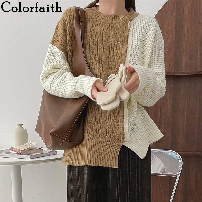 

Colorfaith New 2021 Autumn Winter Women Sweaters Color Blocking Pullovers Zipper Knitted Korean Fashion Oversized Tops SW1605JX
