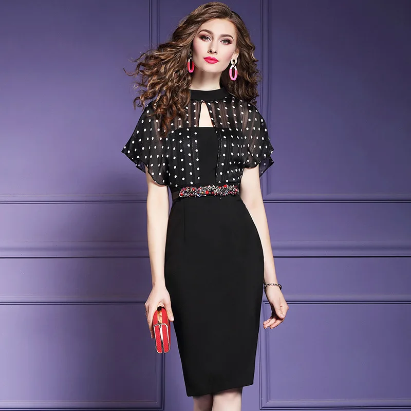 Женское шифоновое платье в горошек облегающее офисное большого размера 3XL