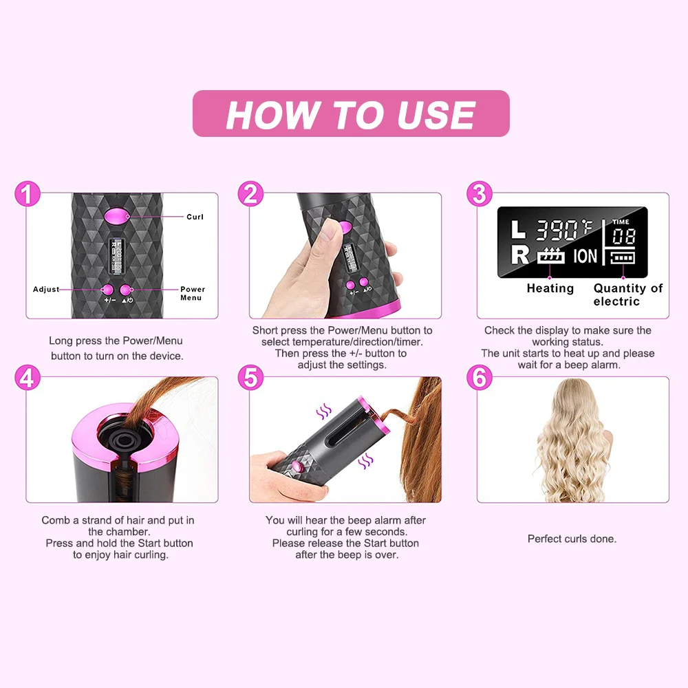 

Cordless Automatic Hair curler USB Rechargeable Curling Iron Curls Waves LCD Display Ceramic Curly Rotating Curling Wave Styer