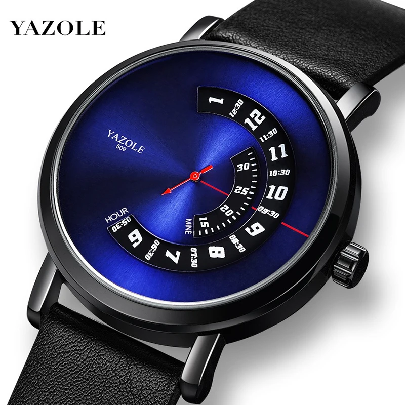 

YAZOLE Fashion Casual Men's Watches Quartz Blue Laser Wristwatches Leather Band Watch