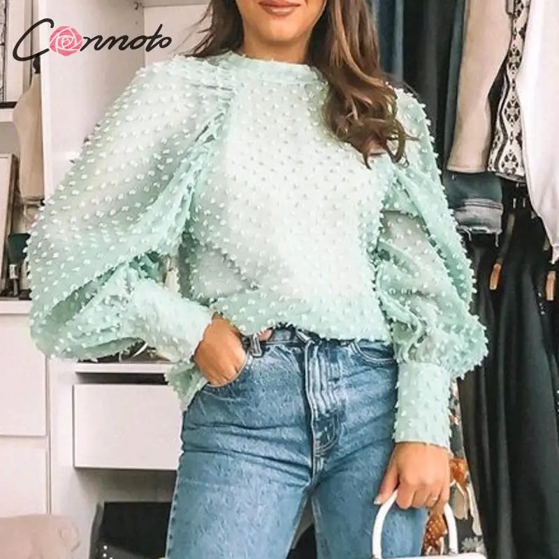 Conmoto горошек точечный фонарь рукав шифон сексуальные блузки mujer Высокая мода