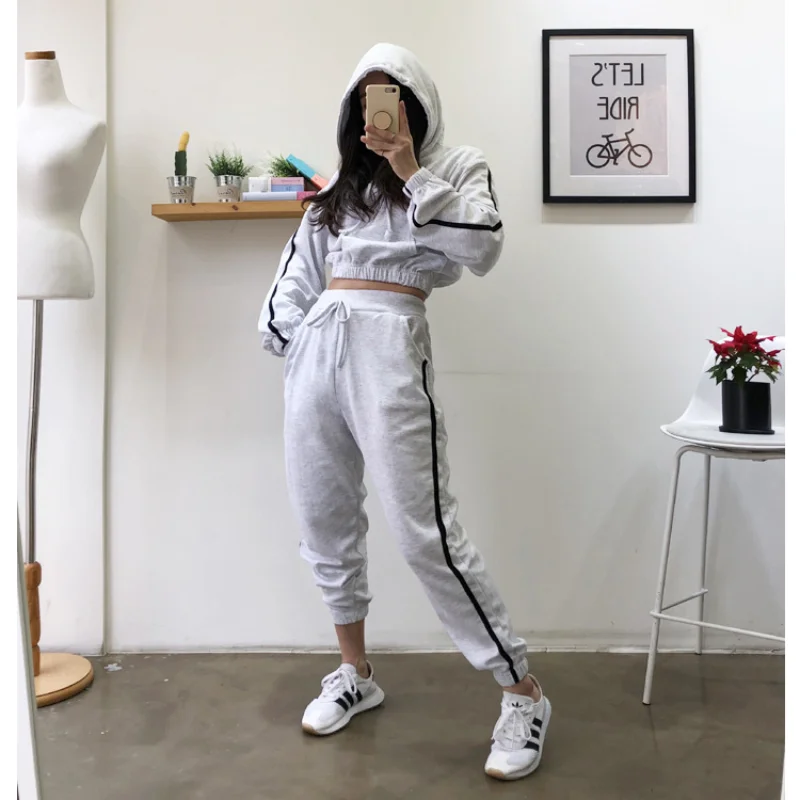 

Women Casual Cotton Sportswear Tracksuit and Sweatpants Cropped Pullover Hoodies and Slim Jogger Set With Side Stripe Tape