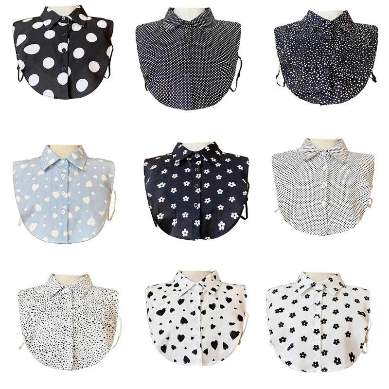 

Women Chiffon Lapel False Collar Floral Dot Heart Print Half Shirt Dickey Tops