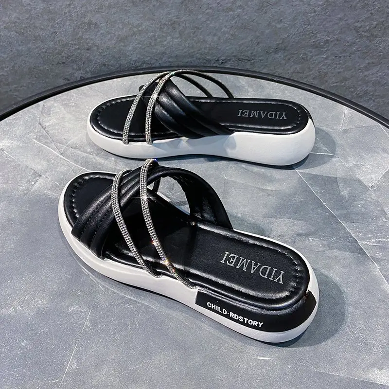 

Slippers Casual Low Summer Women's Shoes Glitter Slides Platform Pantofle Luxury Jelly 2021 Soft Basic Crystal PU Fabric Hoof He