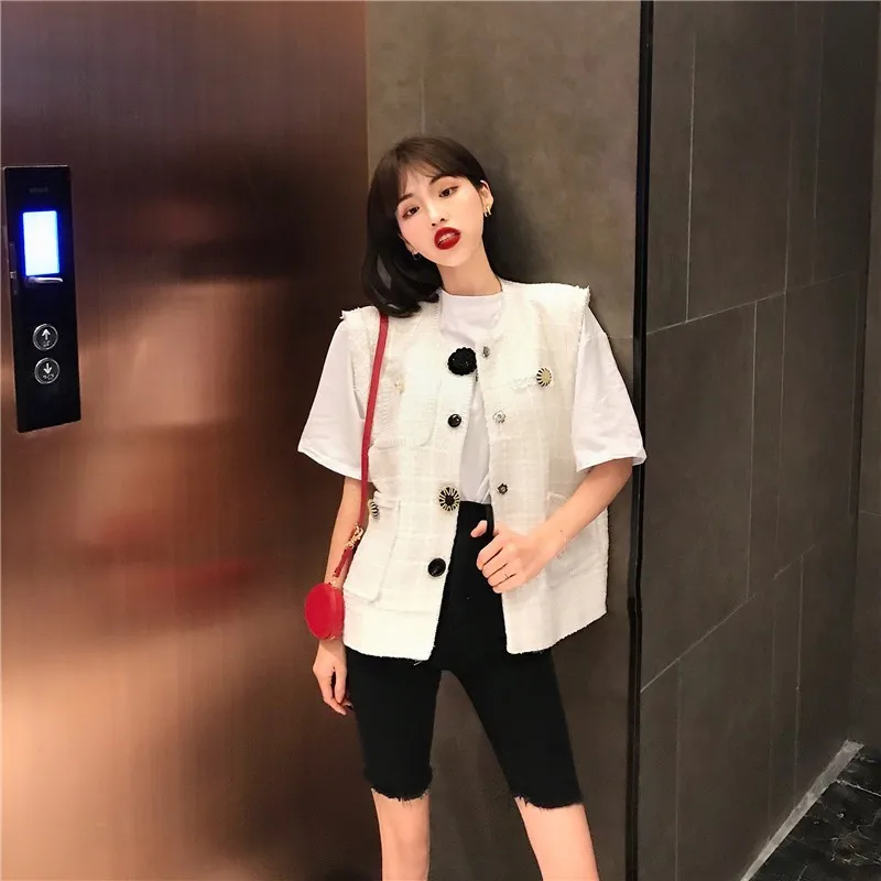 

British Spring Autumn New Womens Tweed Waistcoats Chic Button Single Breasted O-Neck Female Loose Sleeveless Vests Streetwear